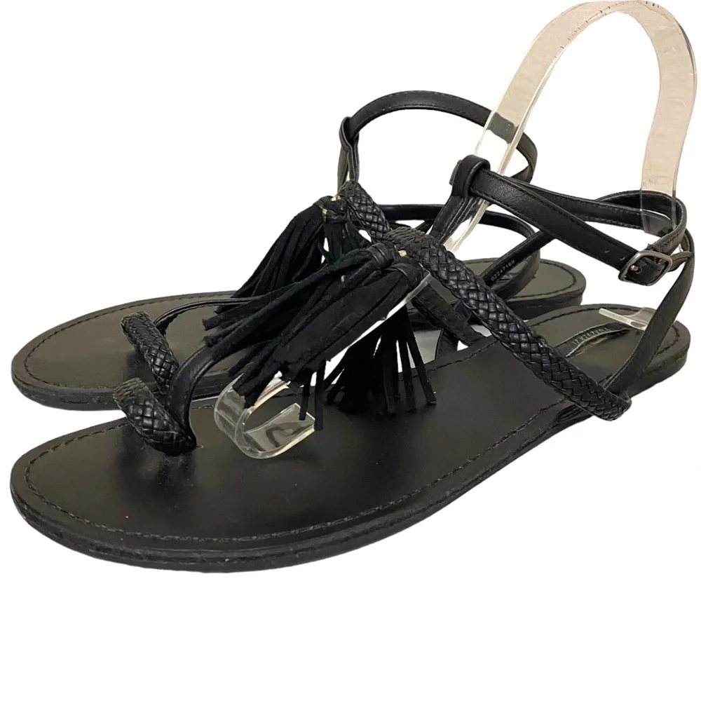 Forever 21 Black Tassel Cross Strap Sandals Size 9